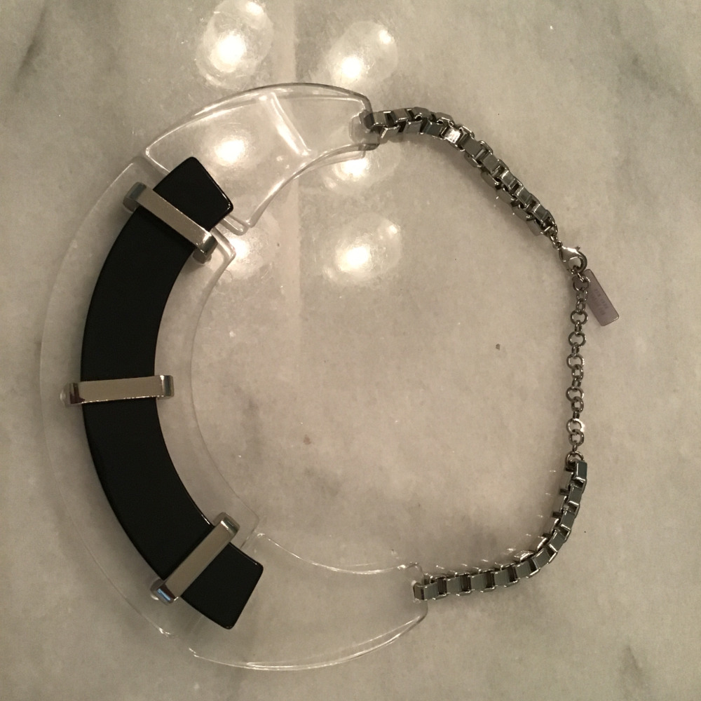 Lafayette148 NY necklace.  Black and clear with silver chain.  Total length, 20”